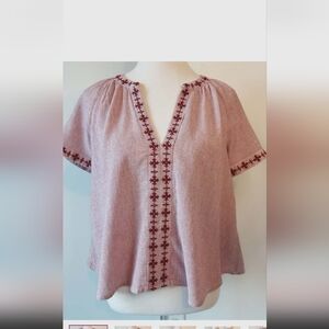 Lucky Brand Boho Pinstriped Peasant Top Embroidered Split V-Neck Short Sleeve, S